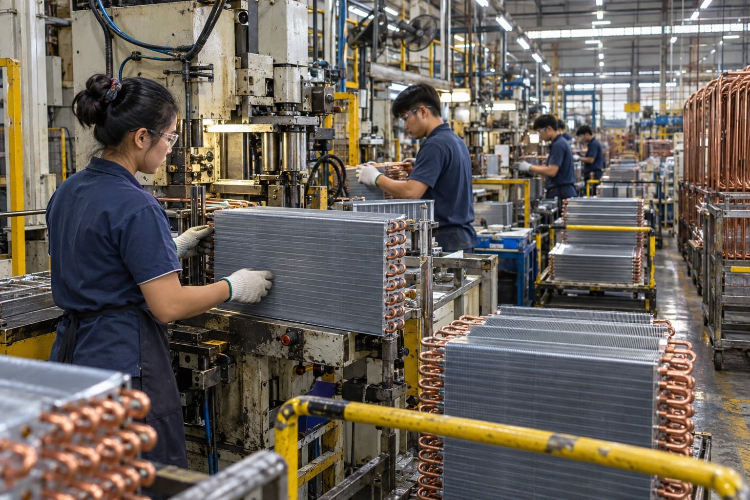 Workers on an air-conditioner coil production line