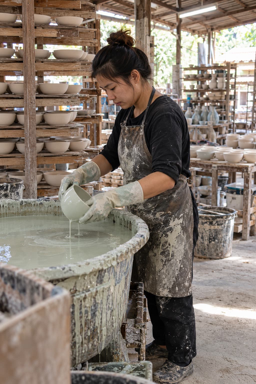 A worker glazing a ceramic bowl