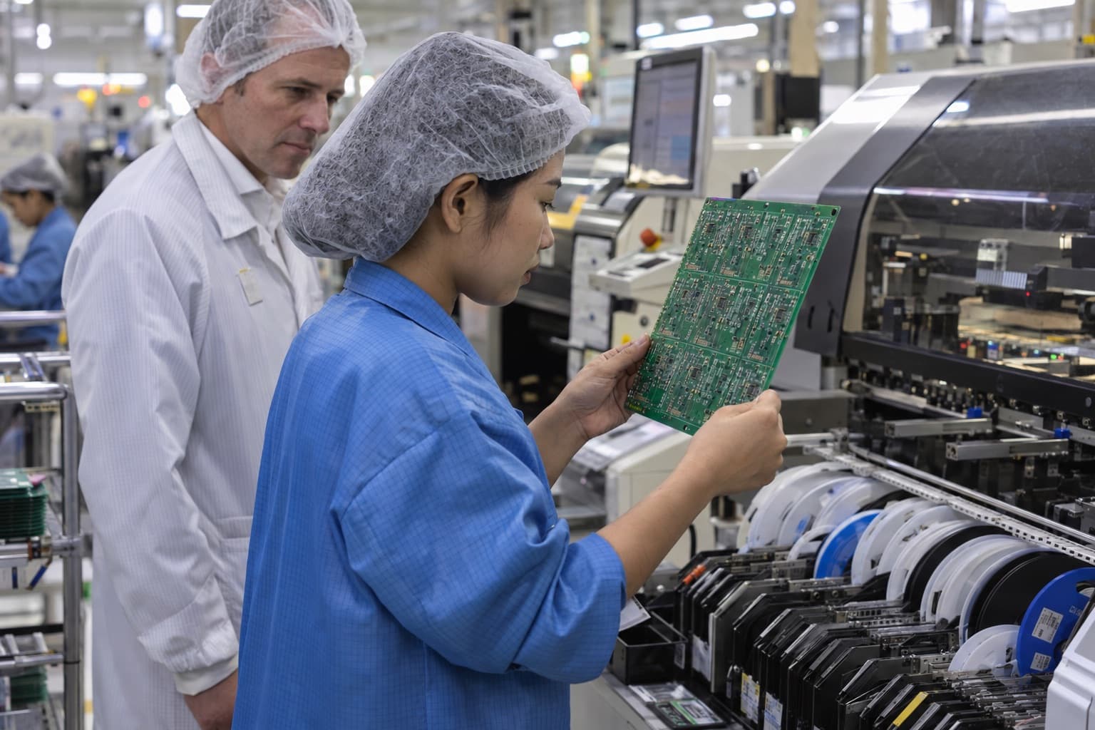 An operator inspecting a circuit board on an electronics line